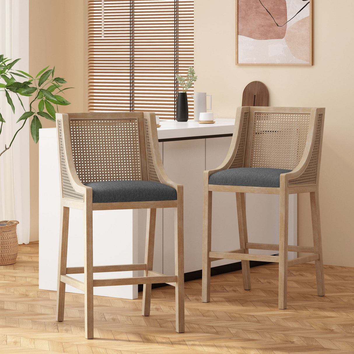 Celestiality Upholstered Barstool with Cane Webbing Backrest, Set of 2 - Bar Stools