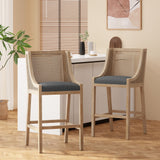 Celestiality Upholstered Barstool with Cane Webbing Backrest, Set of 2 - Bar Stools