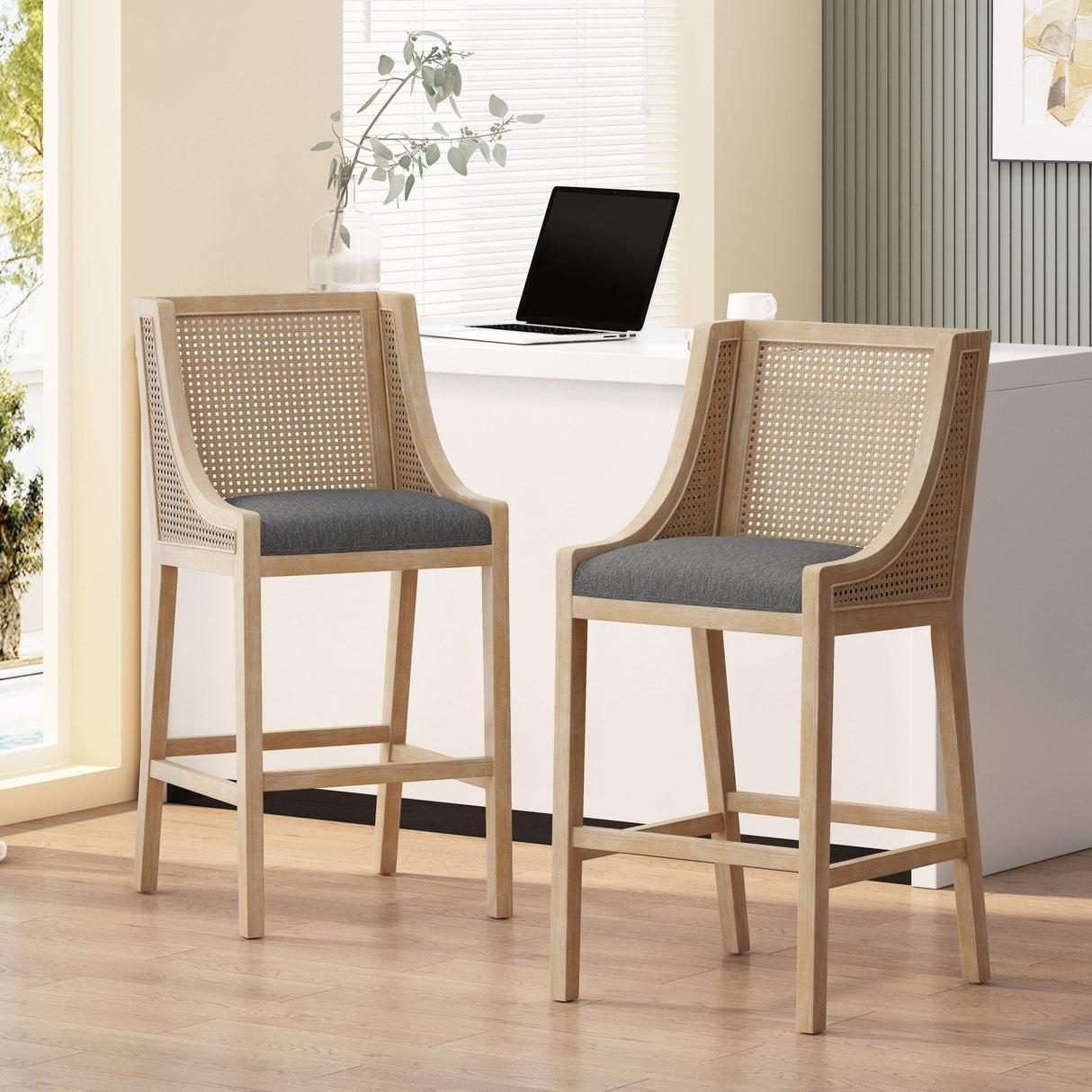 Celestiality Upholstered Barstool with Cane Webbing Backrest, Set of 2 - Bar Stools