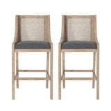 Celestiality Upholstered Barstool with Cane Webbing Backrest, Set of 2 - Bar Stools