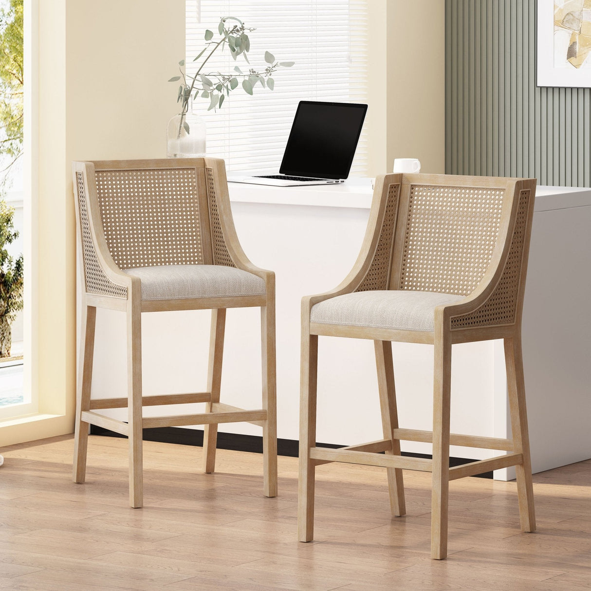 Celestiality Upholstered Barstool with Cane Webbing Backrest, Set of 2 - Bar Stools