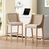 Celestiality Upholstered Barstool with Cane Webbing Backrest, Set of 2 - Bar Stools