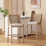 Celestiality Upholstered Barstool with Cane Webbing Backrest, Set of 2 - Bar Stools