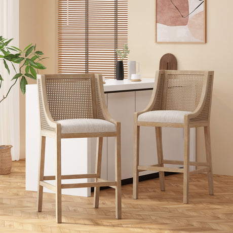 Celestiality Upholstered Barstool with Cane Webbing Backrest, Set of 2 - Bar Stools