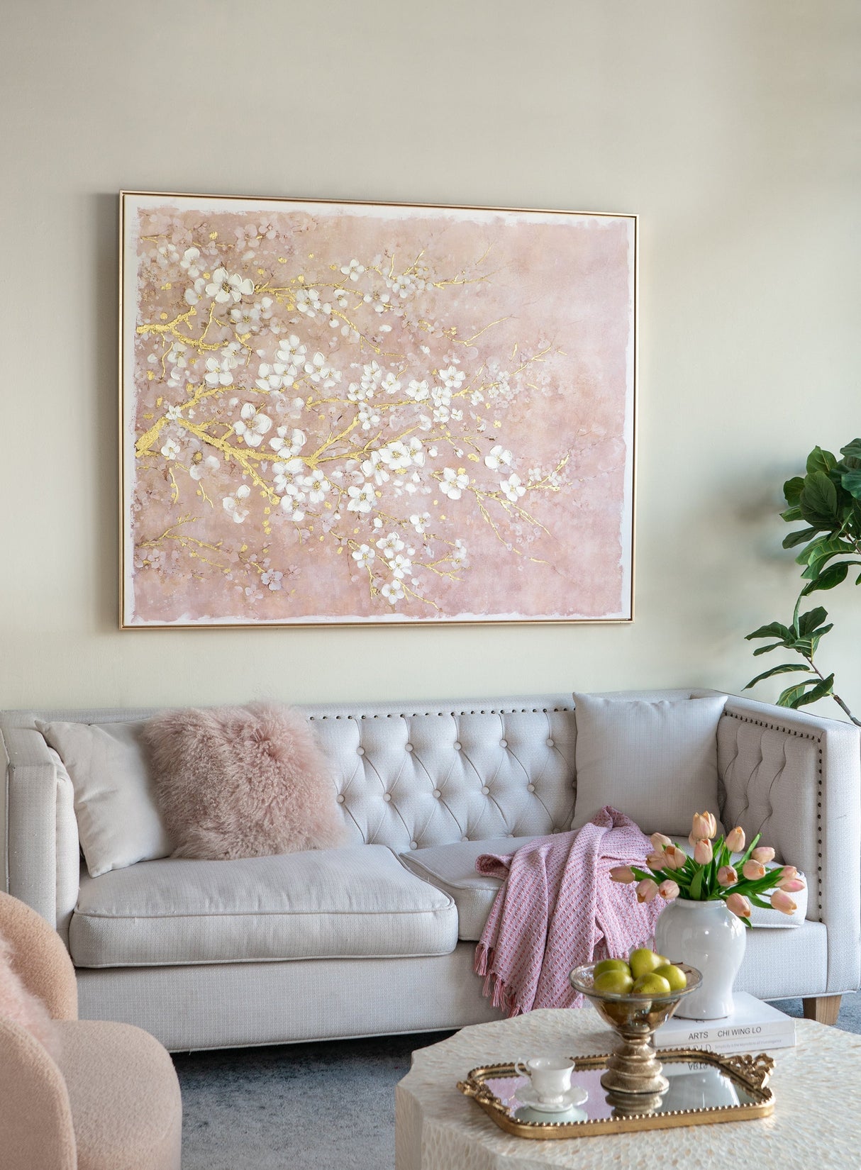 59.1x47.2' Hand-Painted Cherry Blossom Canvas Art with Blush Pink and White Finish