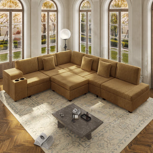 110.2" L-Shaped Sectional Sofa Set with Removable Ottoman in Camel