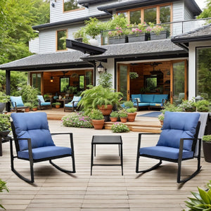 3 Piece Patio Bistro Set with Blue Cushions – Outdoor Rocker Chair Set