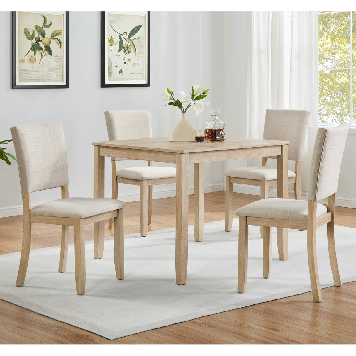 Modern 5-Piece Wooden Dining Table Set for 4 People in Light Oak