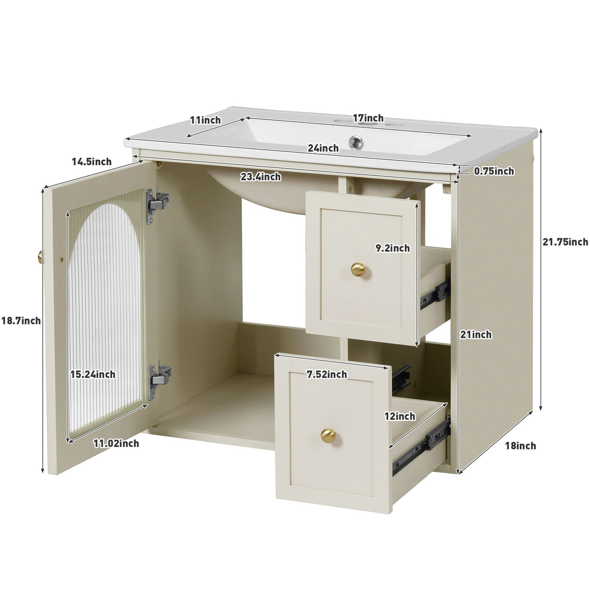 Wall-Mounted Bathroom Vanity Set with Ceramic Sink and Soft-Close Drawers - Black, Beige, or White