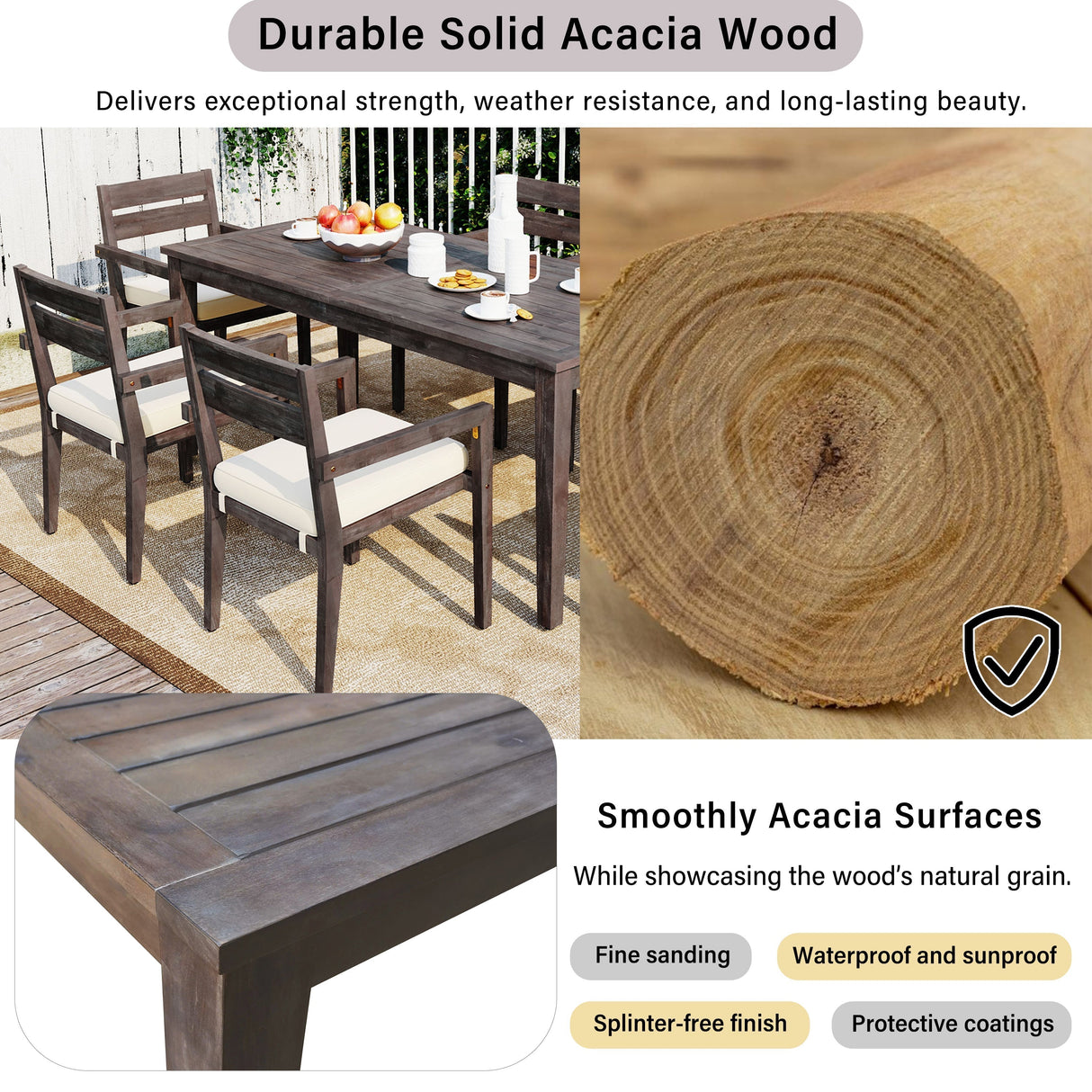 7 Pieces Acacia Wood Outdoor Dining Set with Cushions