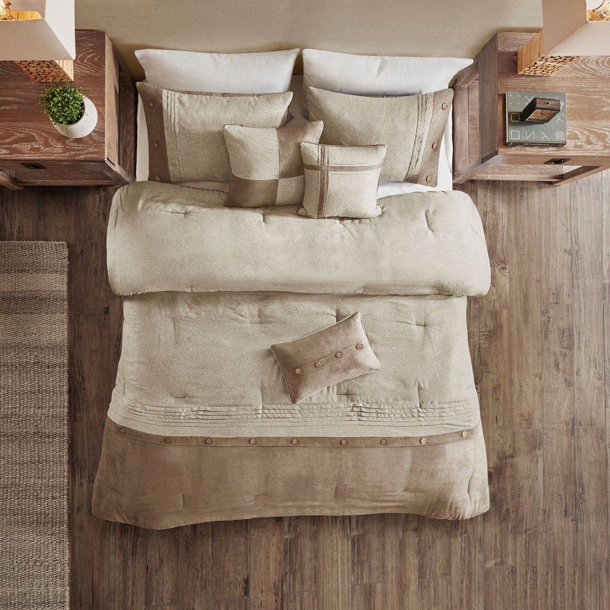 Tan Faux Suede Comforter Set with Lodge Cabin Style - Queen