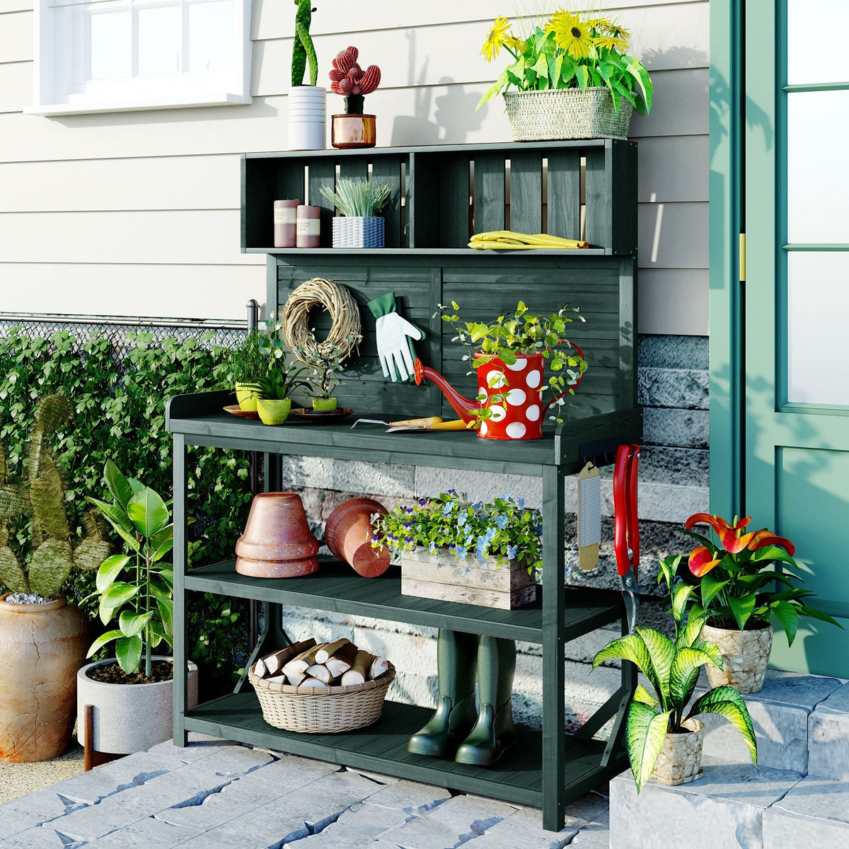 TOPMAX 65' Large Wooden Farmhouse Rustic Outdoor Potting Bench Table