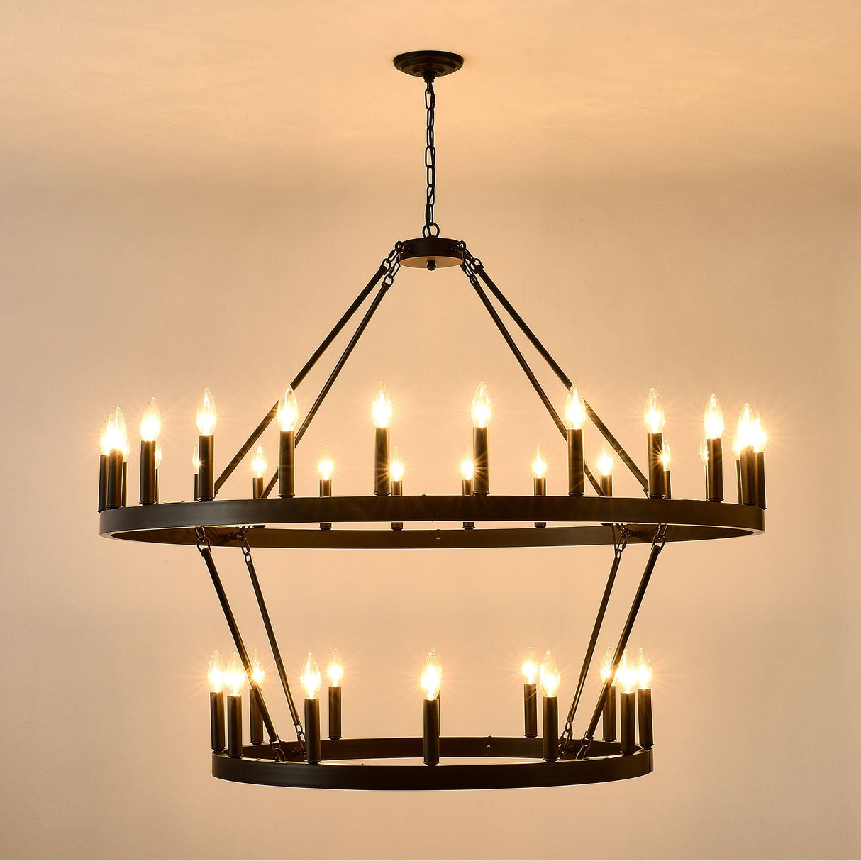 2 Tiers Wagon Wheel Chandelier Wooden Farmhouse 36 Light (24 / 12) Or (12 / 24) Metal Chandeliers 2 Story Light Fixtures Industrial For High Ceiling Living Dining Room Foyer, Adjustable Height - Black