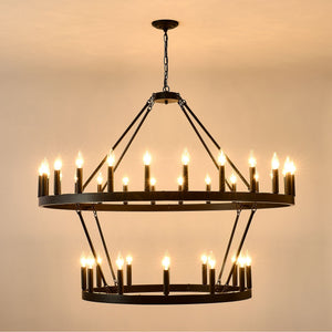 2 Tiers Wagon Wheel Chandelier Wooden Farmhouse 36 Light (24 / 12) Or (12 / 24) Metal Chandeliers 2 Story Light Fixtures Industrial For High Ceiling Living Dining Room Foyer, Adjustable Height - Black