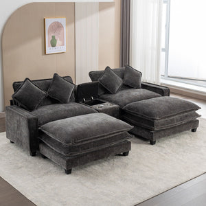 Modern Sectional Sofa With Removable Ottomans, USB Ports