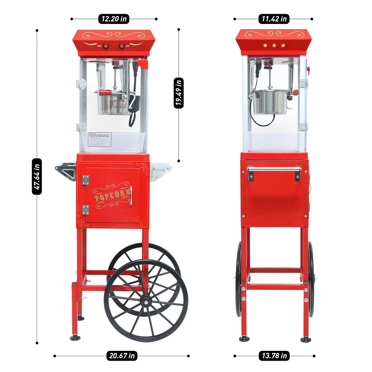 Popcorn Machine with Cart, 6 Oz Stainless Steel Pot
