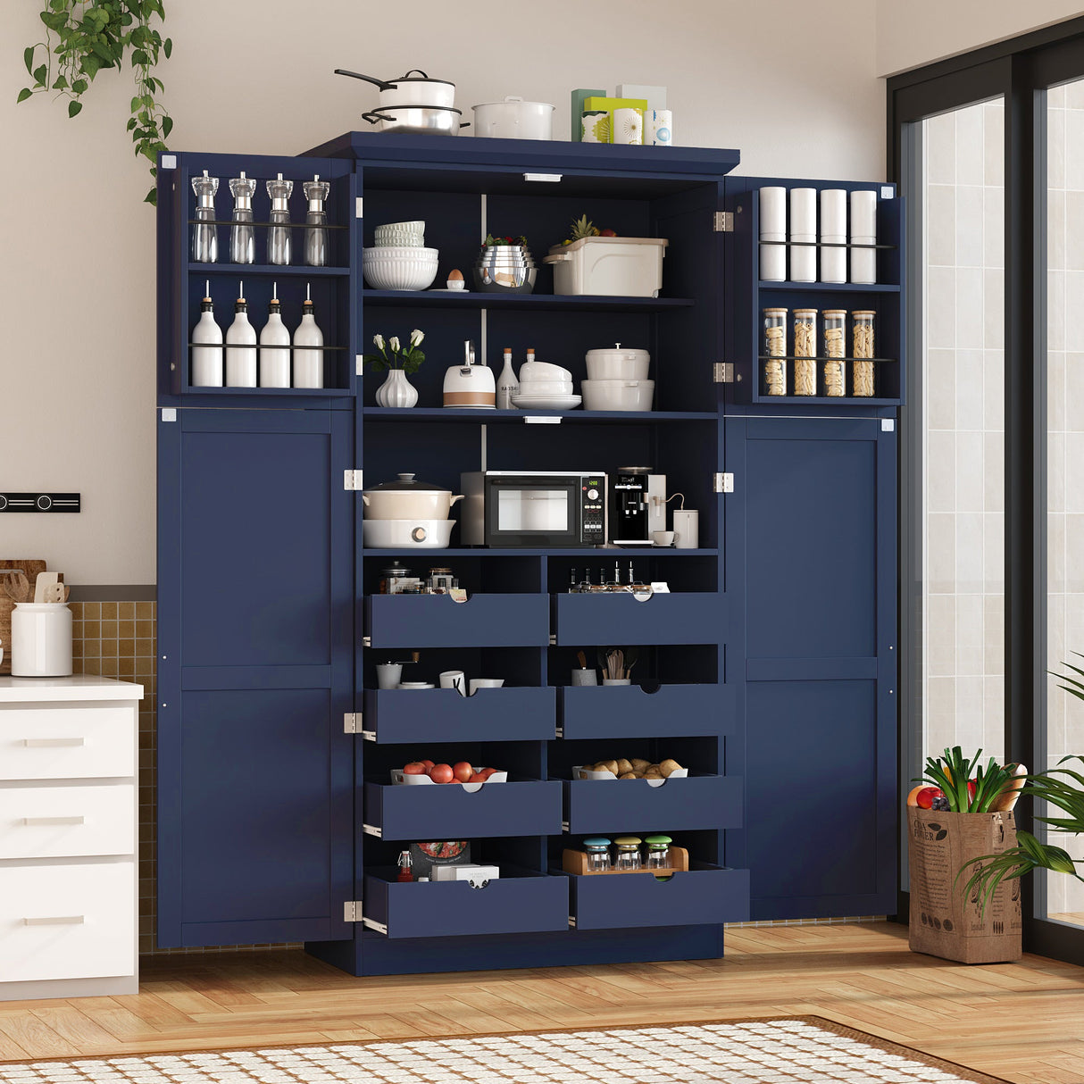 TOPMAX Freestanding Kitchen Pantry Cabinet with 4 Doors and Pull-Out Trays