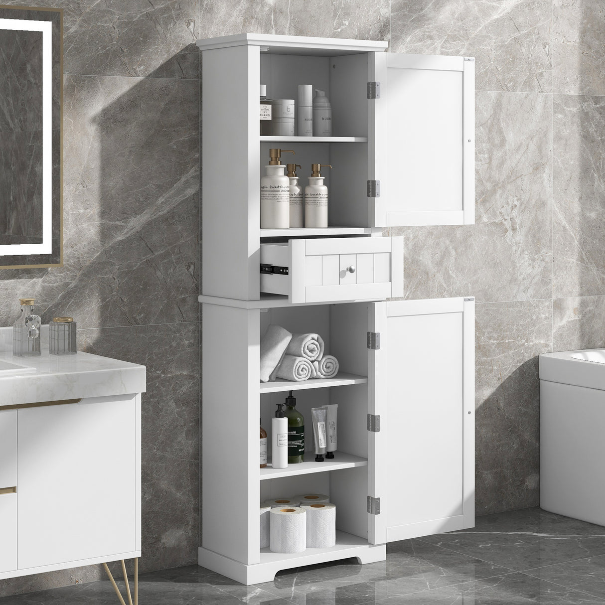 Slim White Storage Cabinet with Adjustable Shelf and Drawer