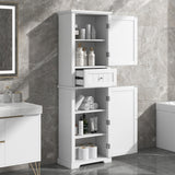 Slim White Storage Cabinet with Adjustable Shelf and Drawer