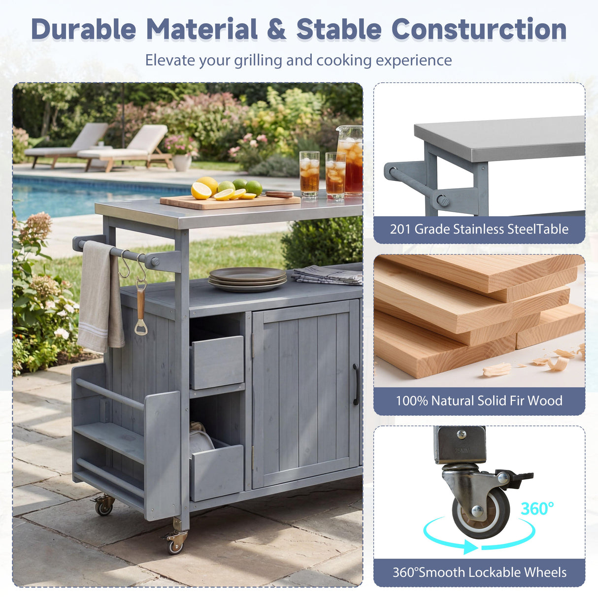 54.33" Farmhouse Rolling Outdoor Kitchen Cart