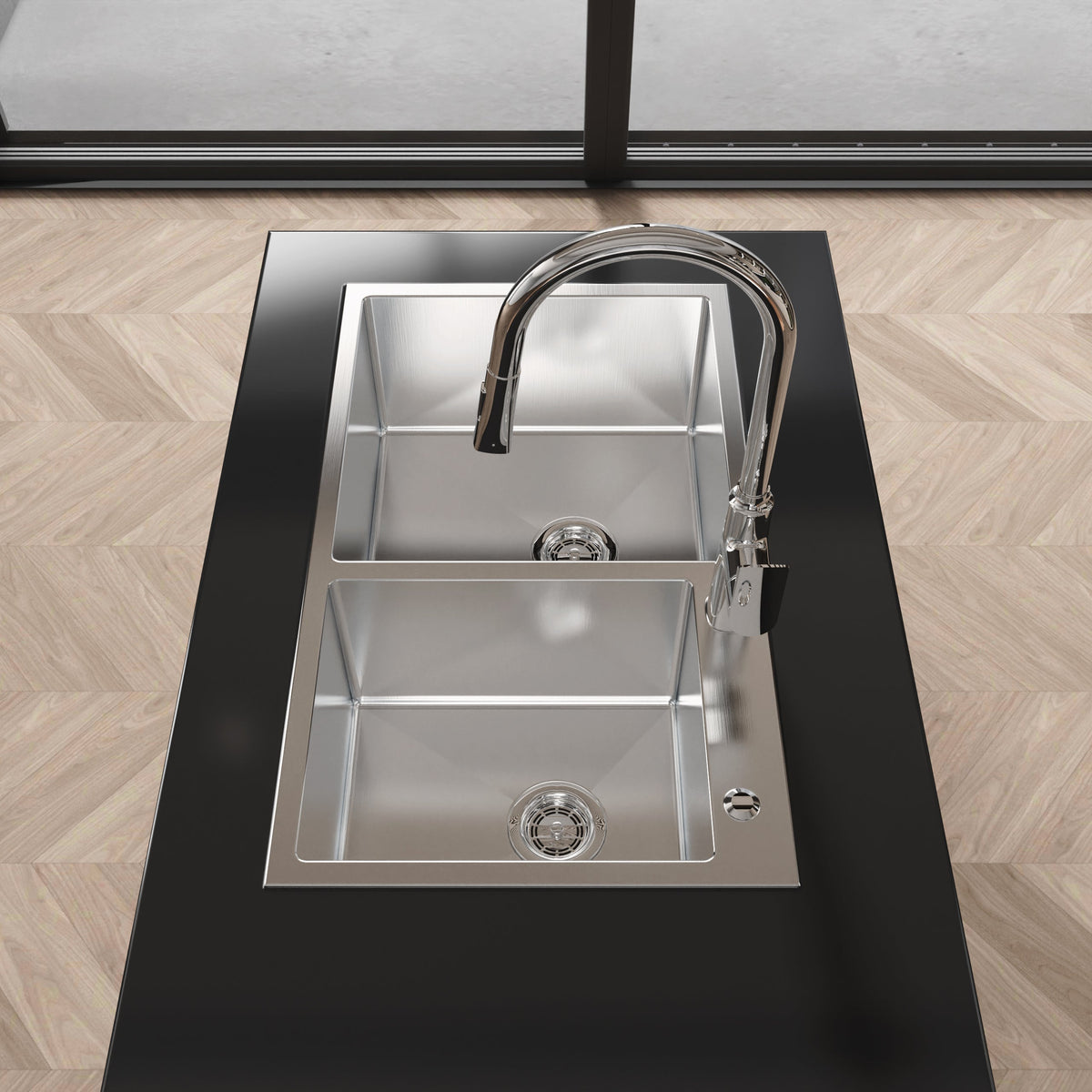 Stainless Steel Kitchen Sink, 32"x19" Double Bowl in Brushed Nickel