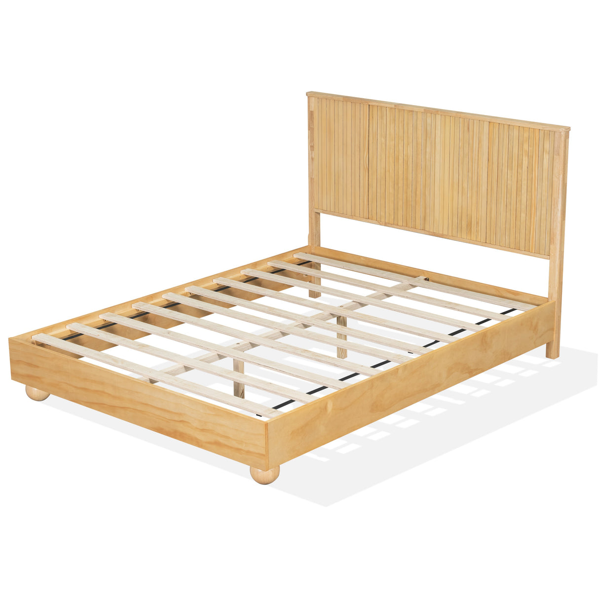 Natural Queen Size Wood Bed Frame With Reeded Headboard