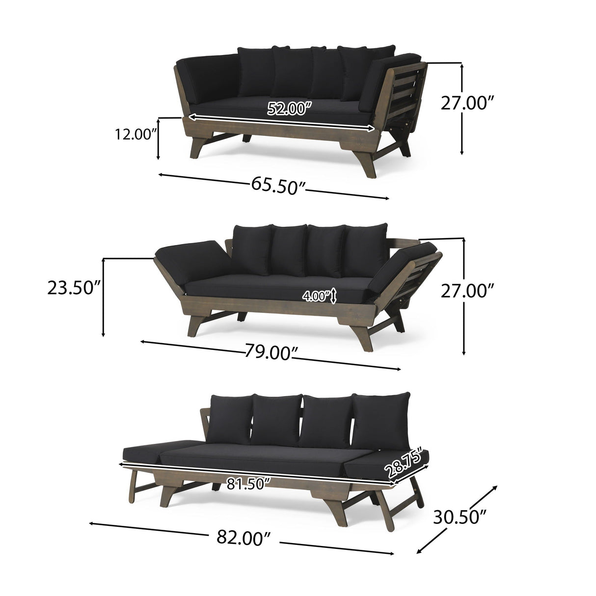 Outdoor Patio Daybed Sofa, 3 Seat Sofa with Foldable Arm and 4 Back Pillows