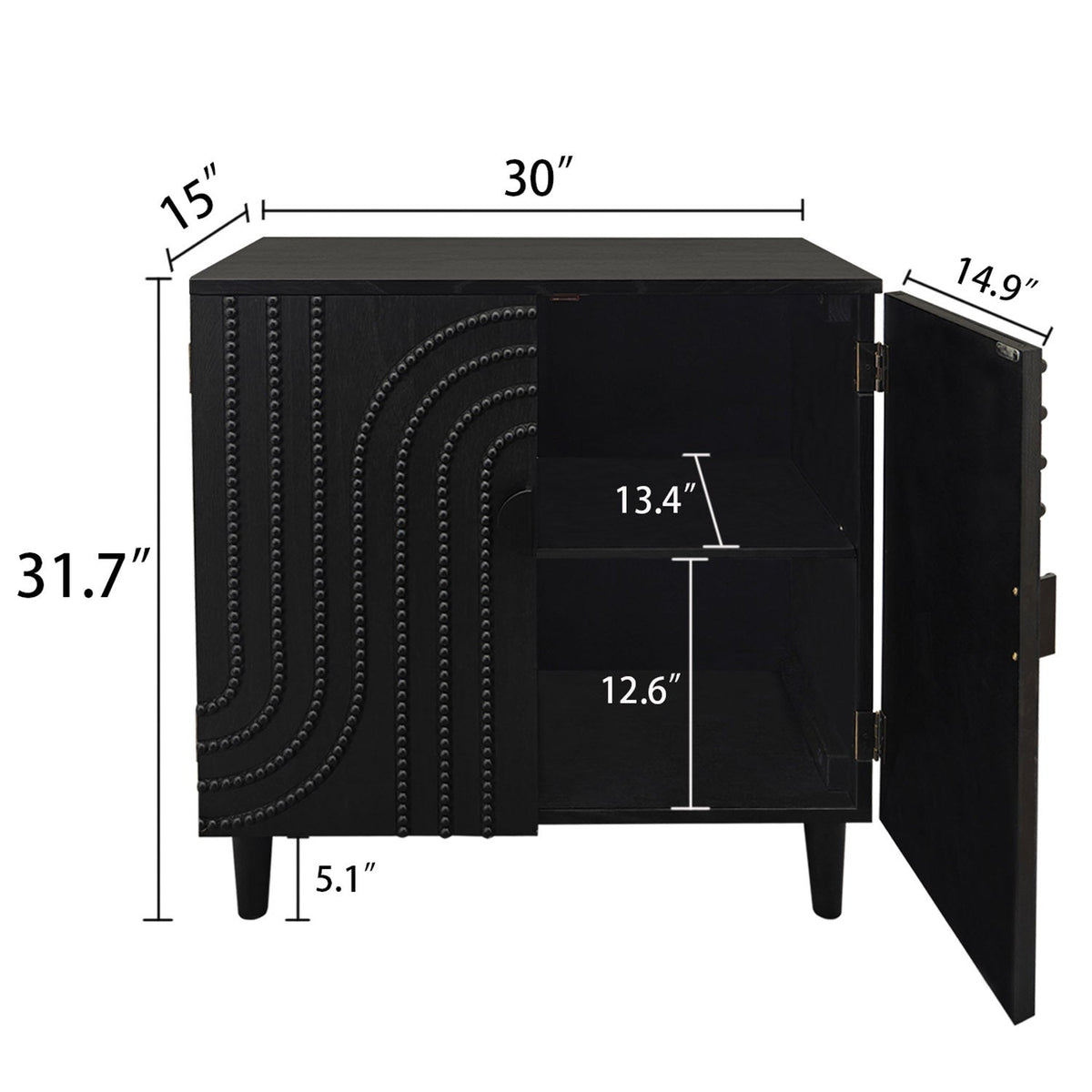 Modern Black Wood Storage Cabinet with Decorative Door, 30in Accent Sideboard for Living Room, Bedroom, or Entryway