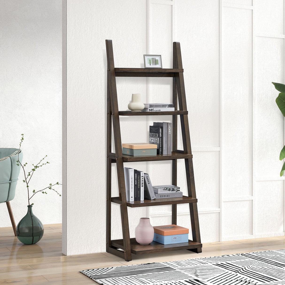 5-Tier Rubber Wood Bookshelf Ladder Storage Rack