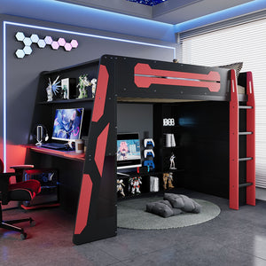 Full Size Wood Loft Bed with Desk, Multi-storage Shelves and RGB Light