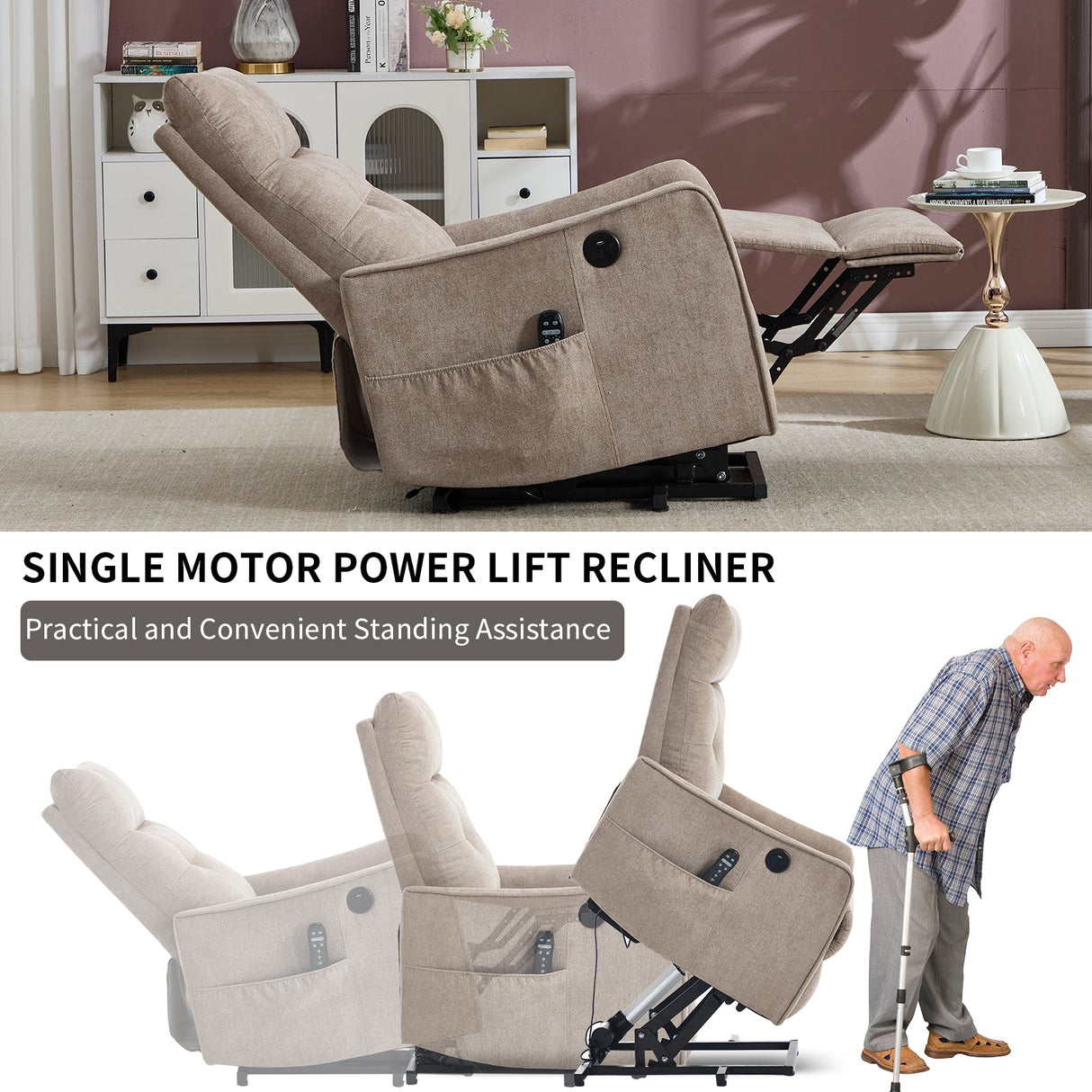 Khaki Chenille Power Lift Recliner Chair with Massage and Heat
