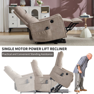 Khaki Chenille Power Lift Recliner Chair with Massage and Heat