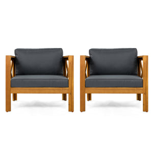 Outdoor Acacia Wood Club Wooden Armchair with Cushions (Set of 4)