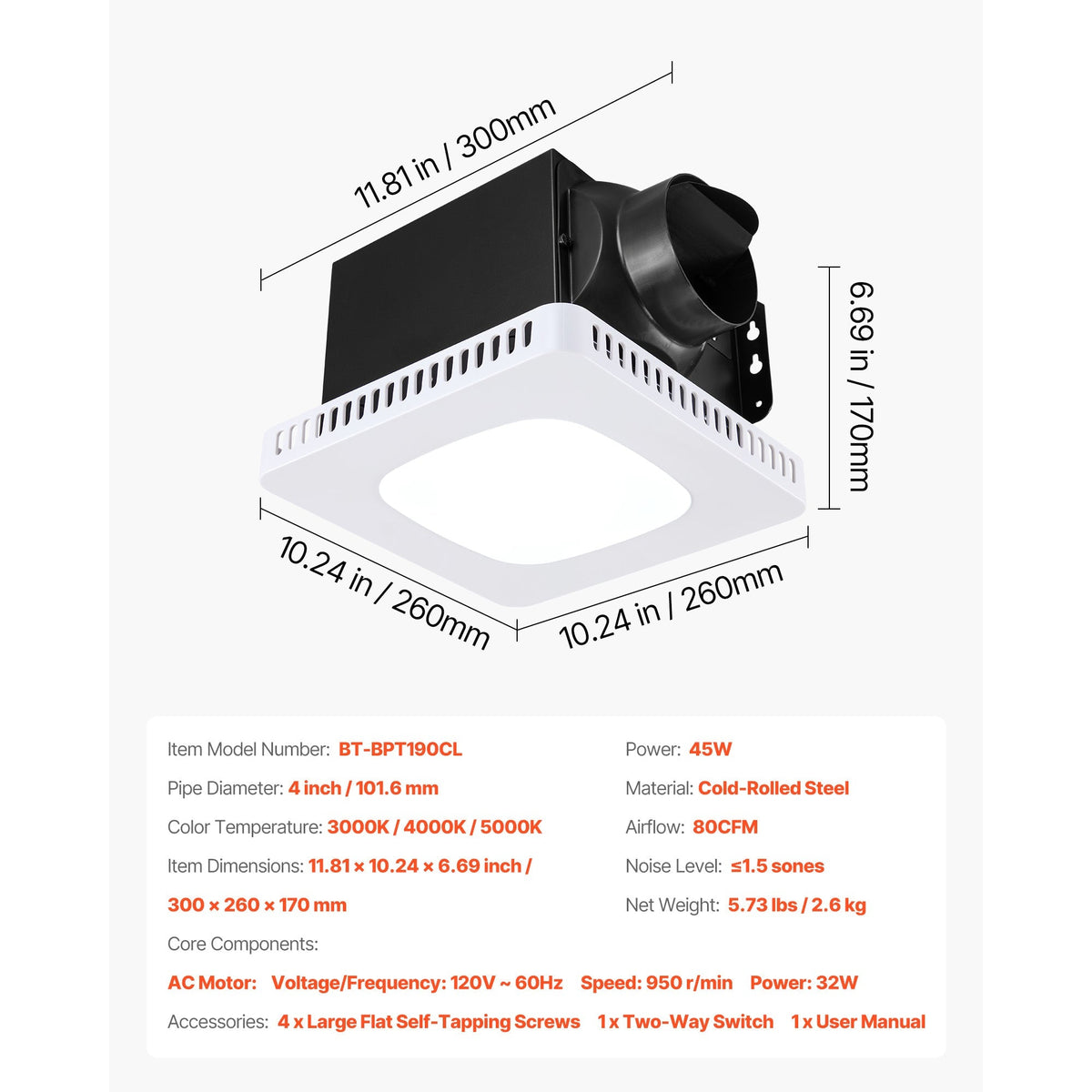 Bathroom Exhaust Fan with LED Light, 80 CFM