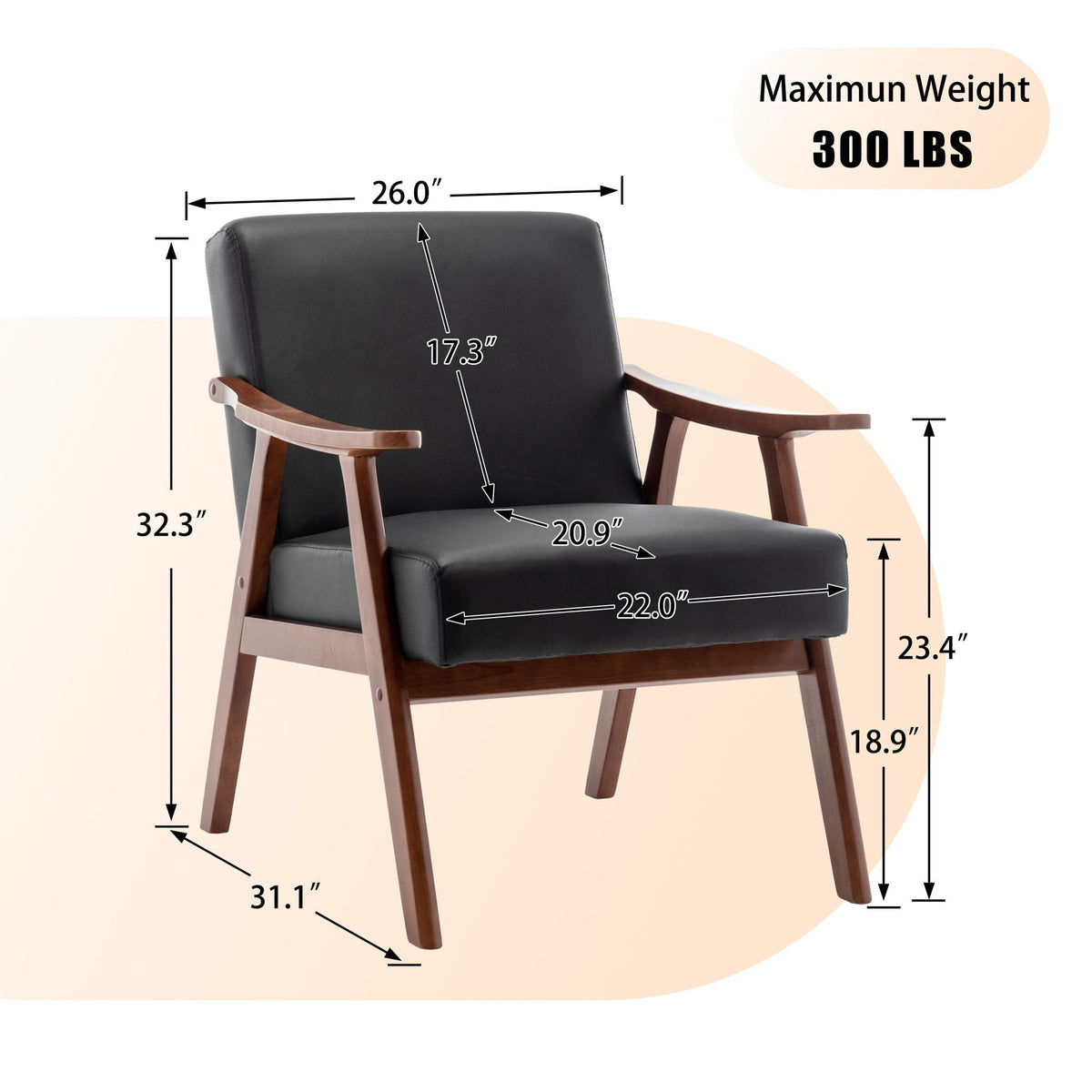 Mid Century Modern Accent Chair With Solid Wood Frame And Extra Thick Backrest