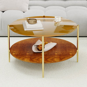 Luxurious Round Coffee Table with Gold-Tinted Tempered Glass Top
