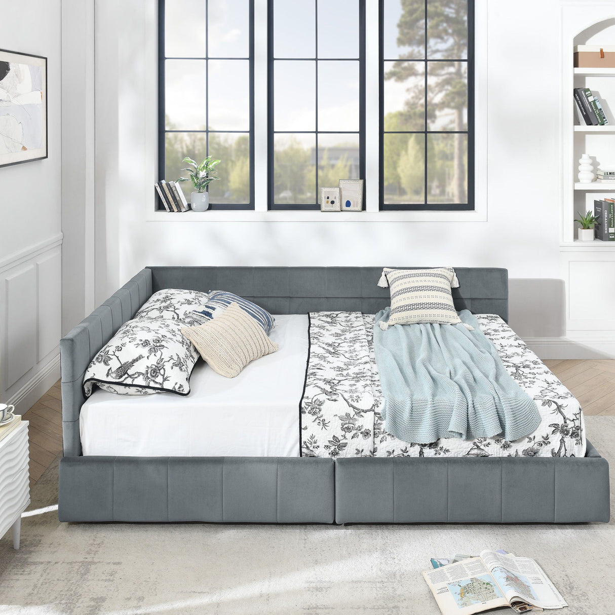 Mid-Century Storage Upholstered Tufted Bed Frame With Backrest And Armrests
