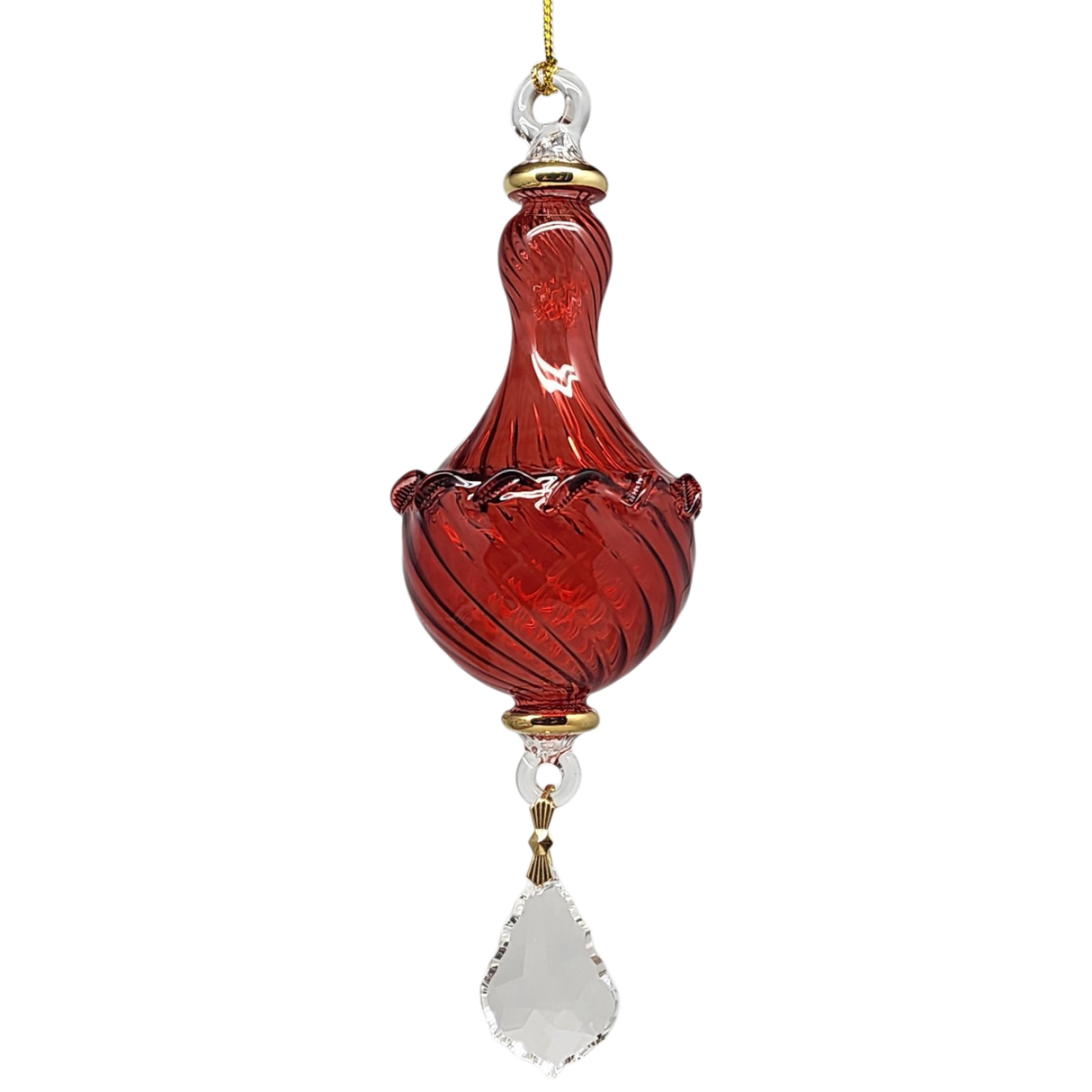 Blown Glass Twisted Chandelier Ornament with Crystal Dangle - Red