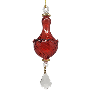 Blown Glass Twisted Chandelier Ornament with Crystal Dangle - Red