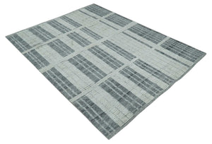 Charcoal and Silver Traditional Hand Knotted 8x10 Geometrical Pattern Wool Area Rug