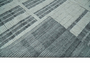 Charcoal and Silver Traditional Hand Knotted 8x10 Geometrical Pattern Wool Area Rug
