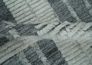 Charcoal and Silver Traditional Hand Knotted 8x10 Geometrical Pattern Wool Area Rug
