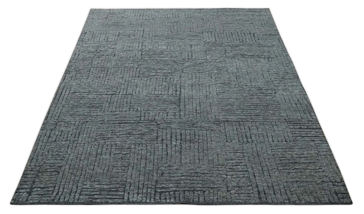 Charcoal Contemporary Stripes Pattern Hand Knotted 9.3x14.8 Wool Area Rug