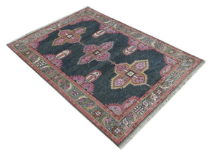 Charcoal, Gray and Pink Traditional Hand Knotted 5x8 and 6x9 Wool Area Rug
