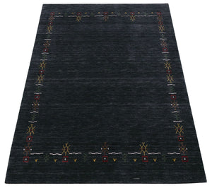 Charcoal Tribal Design Border Hand Loomed Wool Area Rug