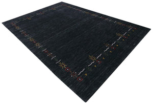 Charcoal Tribal Design Border Hand Loomed Wool Area Rug