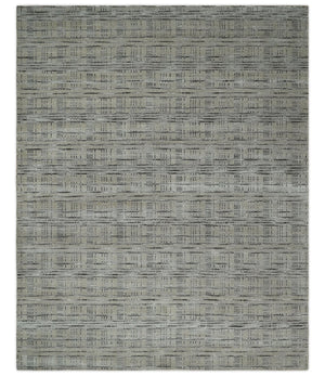 Checkered 8x10 Hand Made Black and Beige Blended Wool Area Rug