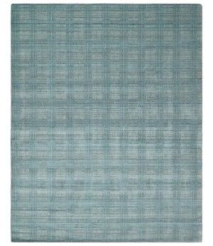 Checkered Blue and Gray  8x10 Hand Made Blended Wool Flatwoven Area Rug