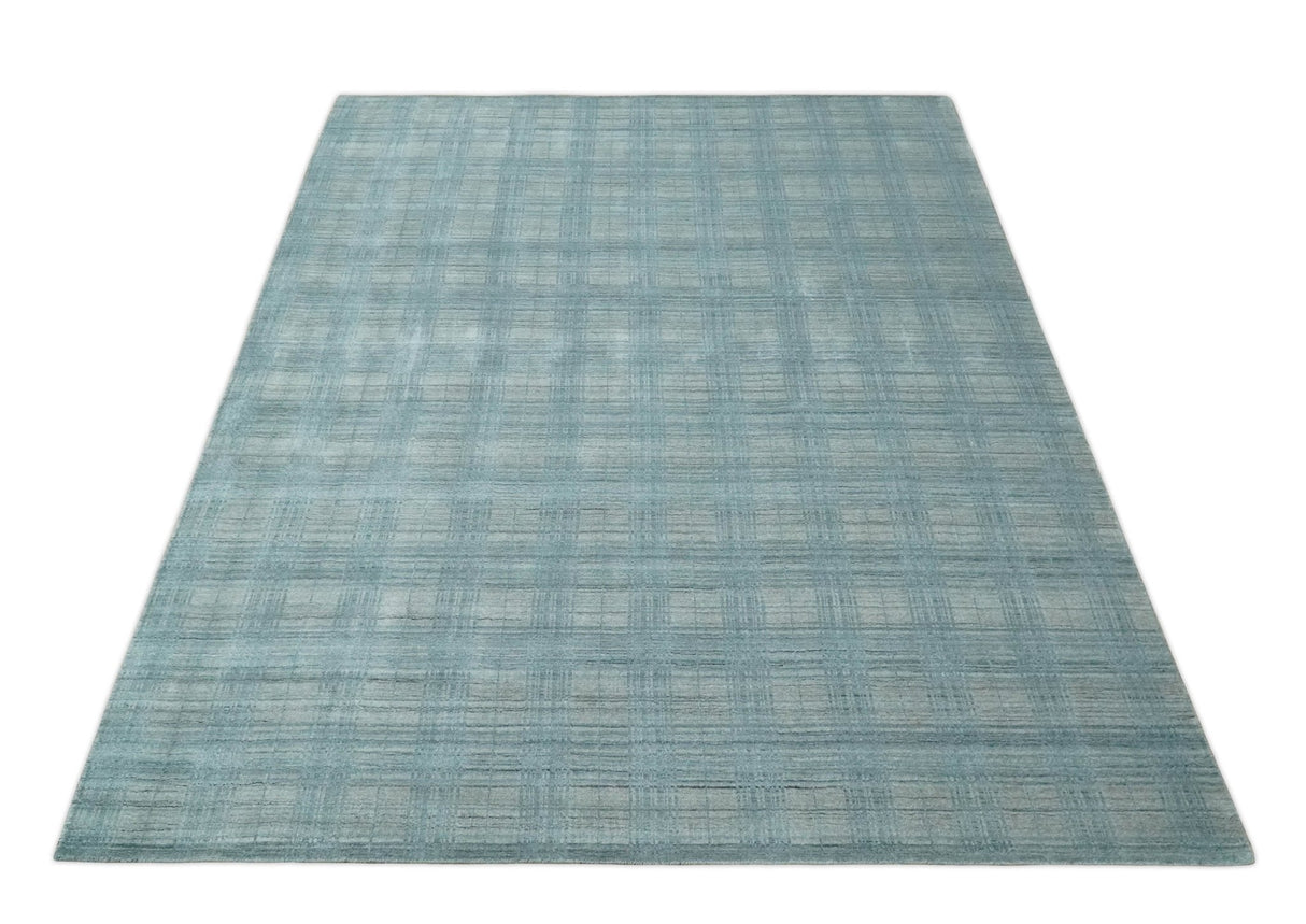 Checkered Blue and Gray  8x10 Hand Made Blended Wool Flatwoven Area Rug