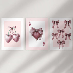 Coquette Cherry Wall Art Set of 3. Pink Romantic Decor